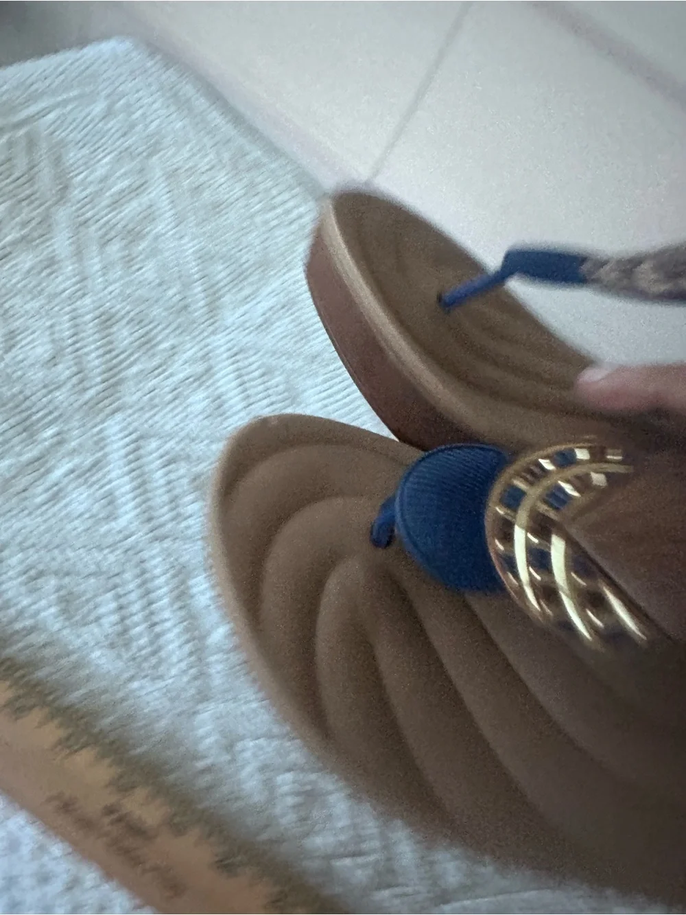 Grendha Wedge Thong Sandals in Navy and Tan with Decorative Accents